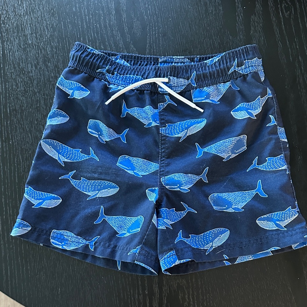 Janie and Jack Navy Whale Print Swim Trunks